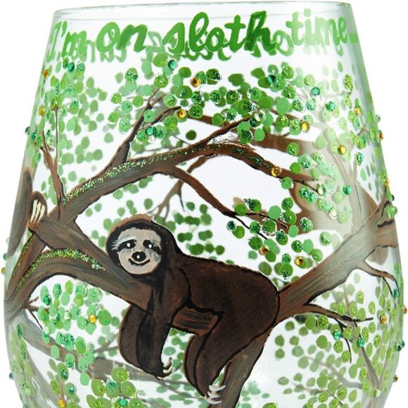 Wine Glass Stemless Sloth Time Hand-Painted Artisan 20 oz Cup Enesco Love New - Picture 4 of 8